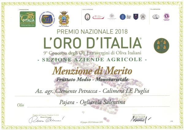 Attestato l'Oro d'Italia 2018